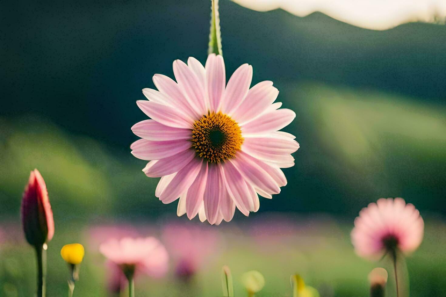 a pink flower is hanging from a string in a field. AI-Generated photo