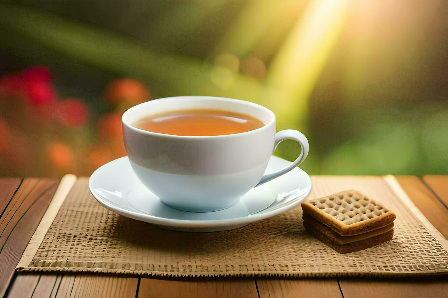 a cup of tea and a biscuit on a wooden table. AI-Generated photo