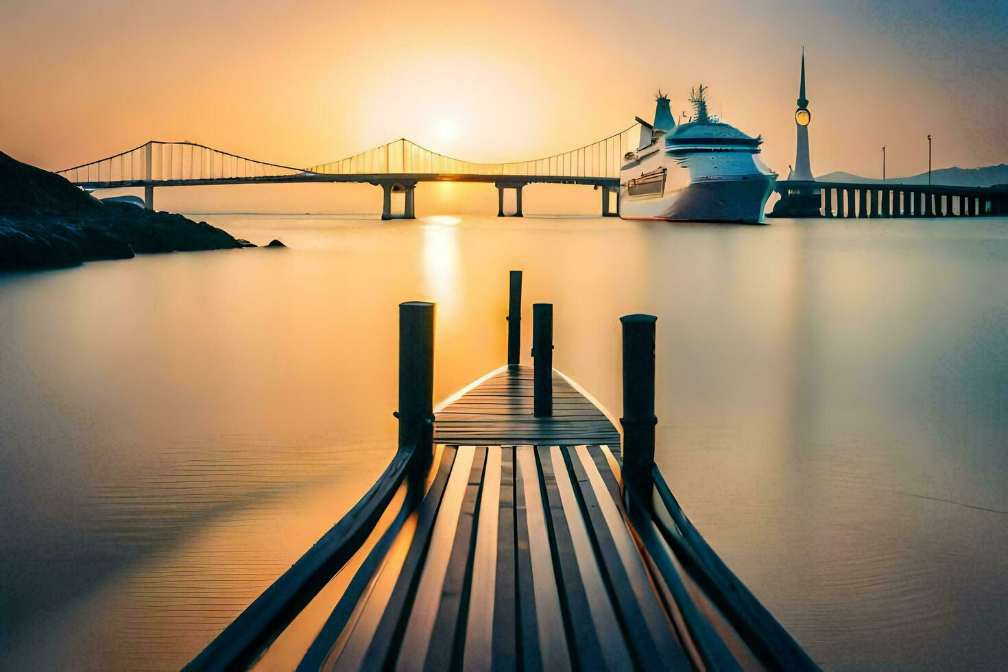a cruise ship docked at the end of a pier at sunset. AI-Generated photo
