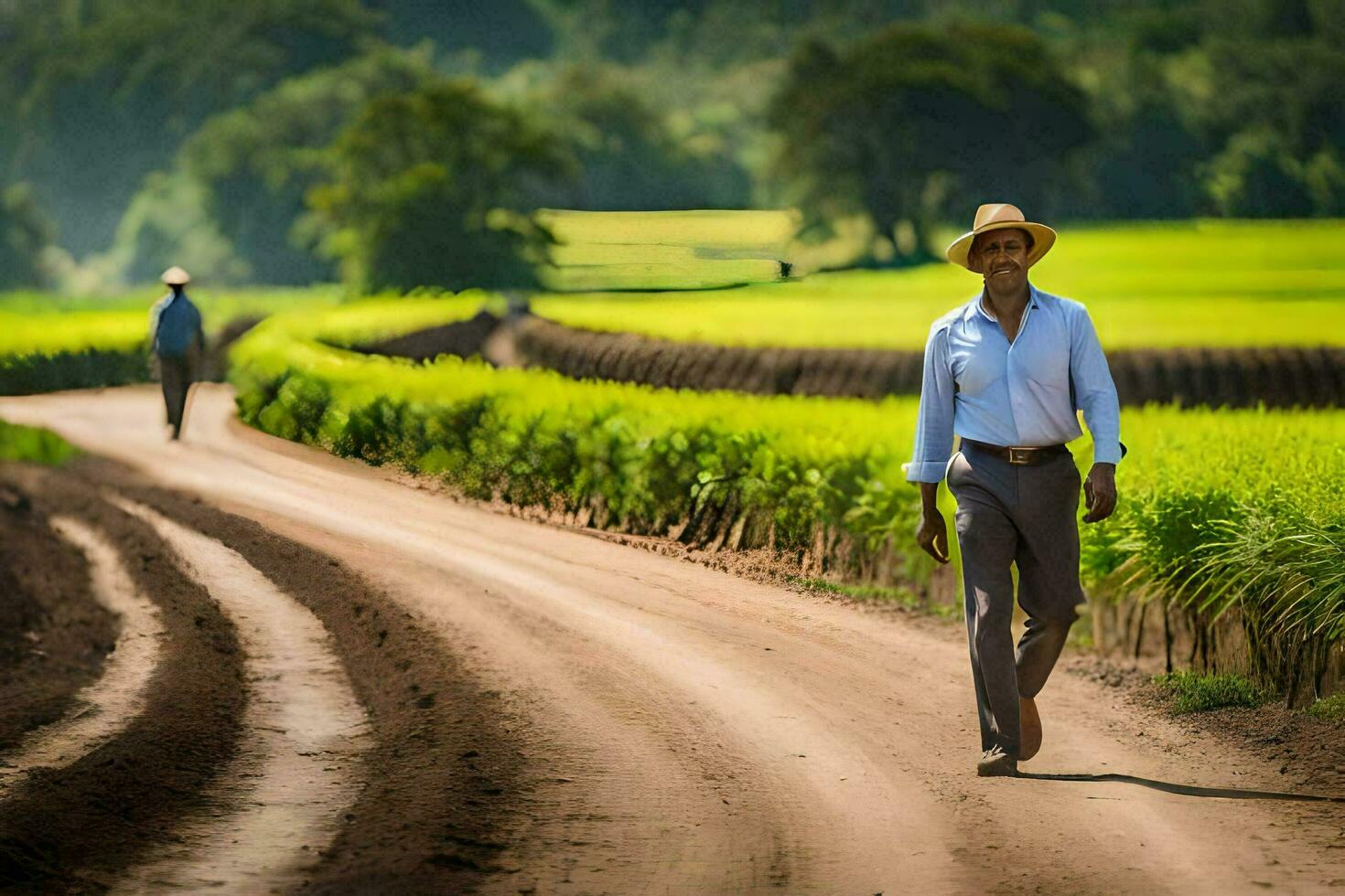 a man walking down a dirt road in a rice field. AI-Generated photo