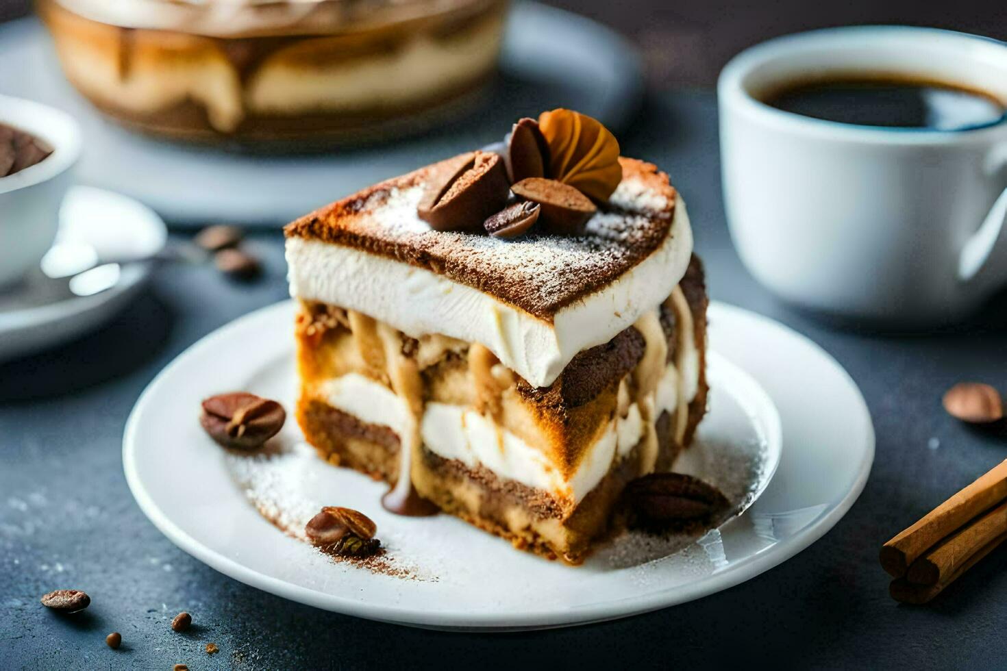 a slice of tiramisu cake on a plate with coffee and cinnamon. AI-Generated photo