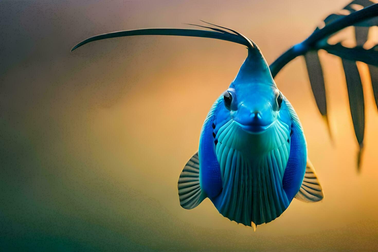 a blue fish with a long tail is hanging from a leaf. AI-Generated photo