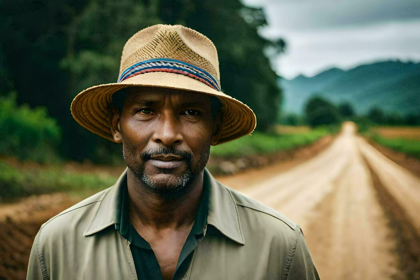 a man wearing a hat stands on a dirt road. AI-Generated photo