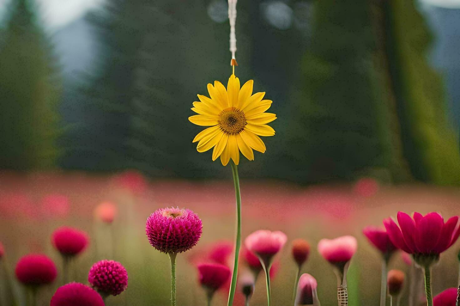 a yellow flower is hanging from a string in a field. AI-Generated photo