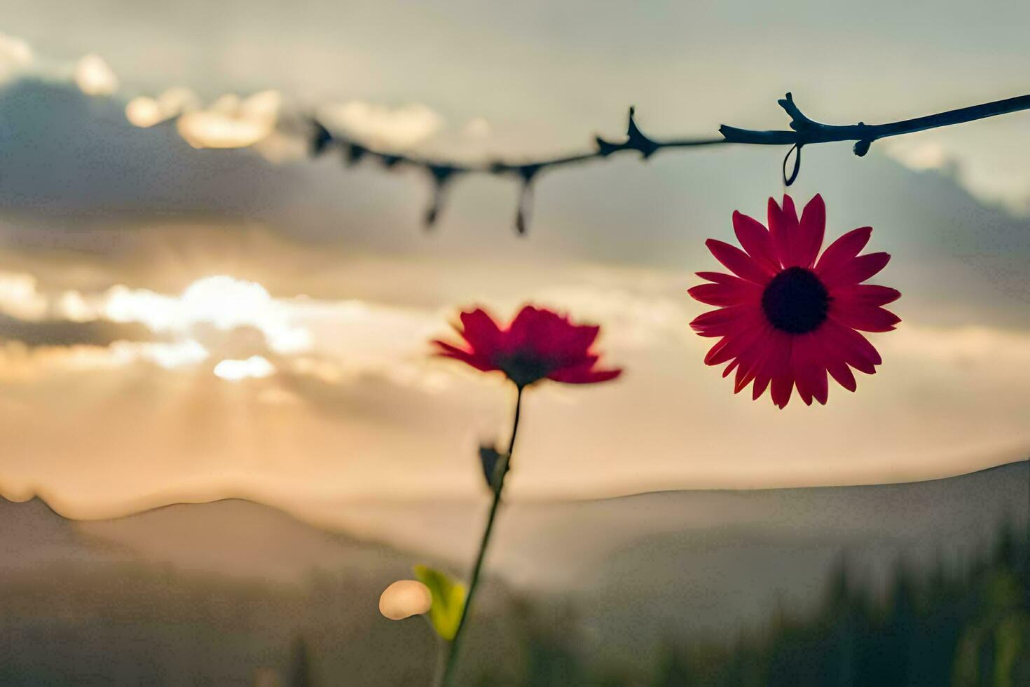 red flower hanging from a branch in front of a sunset. AI-Generated photo