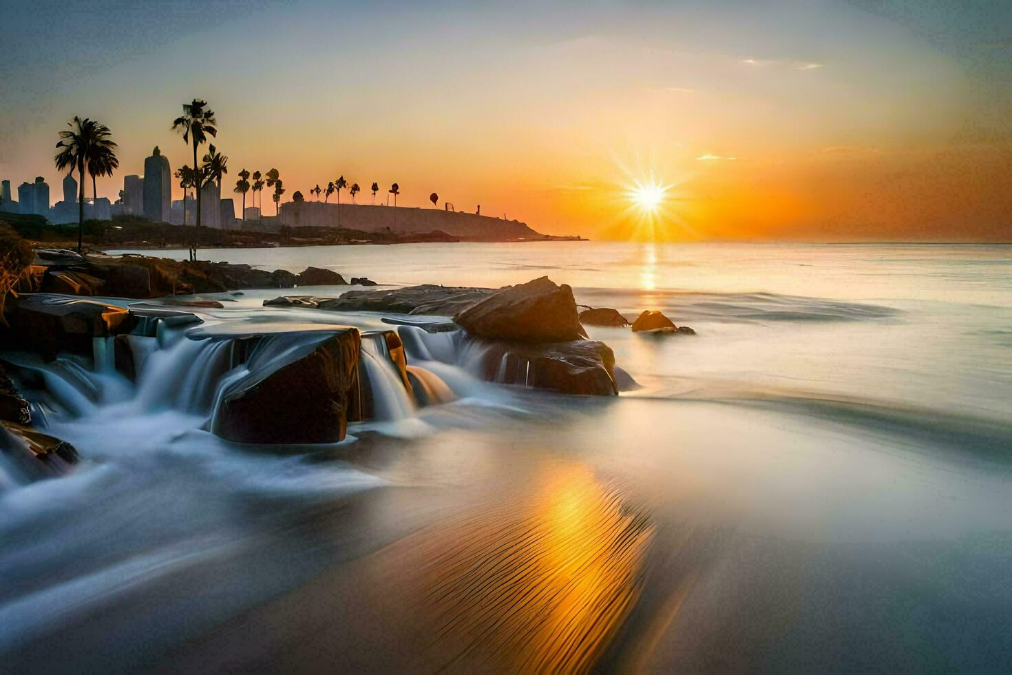 the sun sets over the ocean and a city skyline. AI-Generated photo