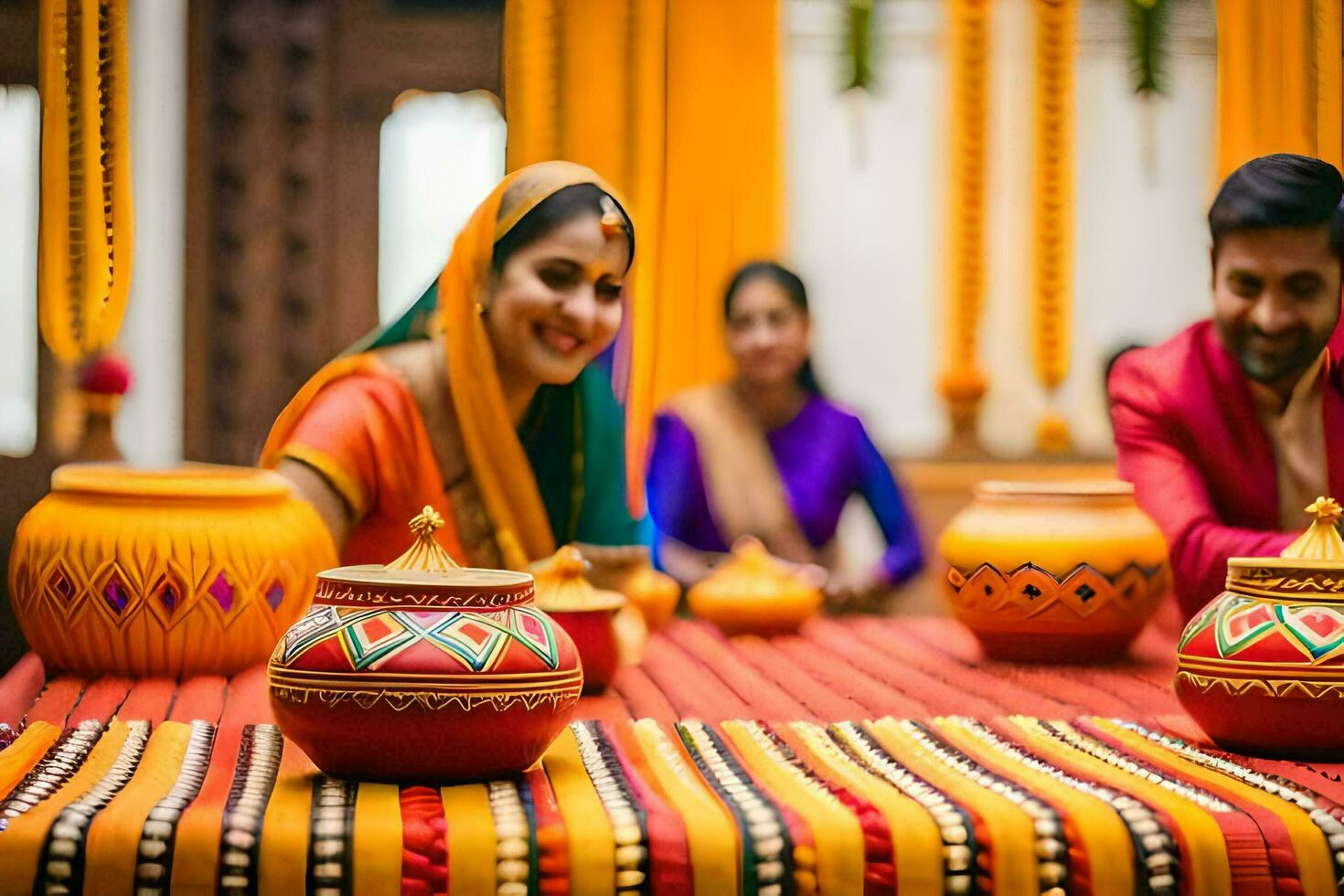 a couple in traditional indian attire sit at a table with colorful pots. AI-Generated photo