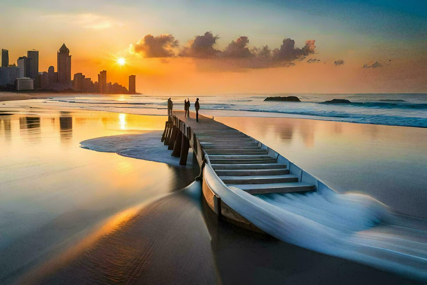 a wooden dock on the beach at sunset. AI-Generated photo