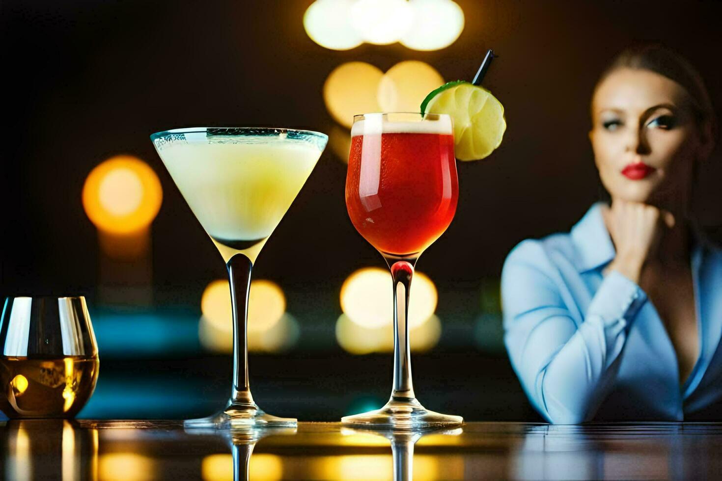 a woman sitting at a bar with three different cocktails. AI-Generated photo