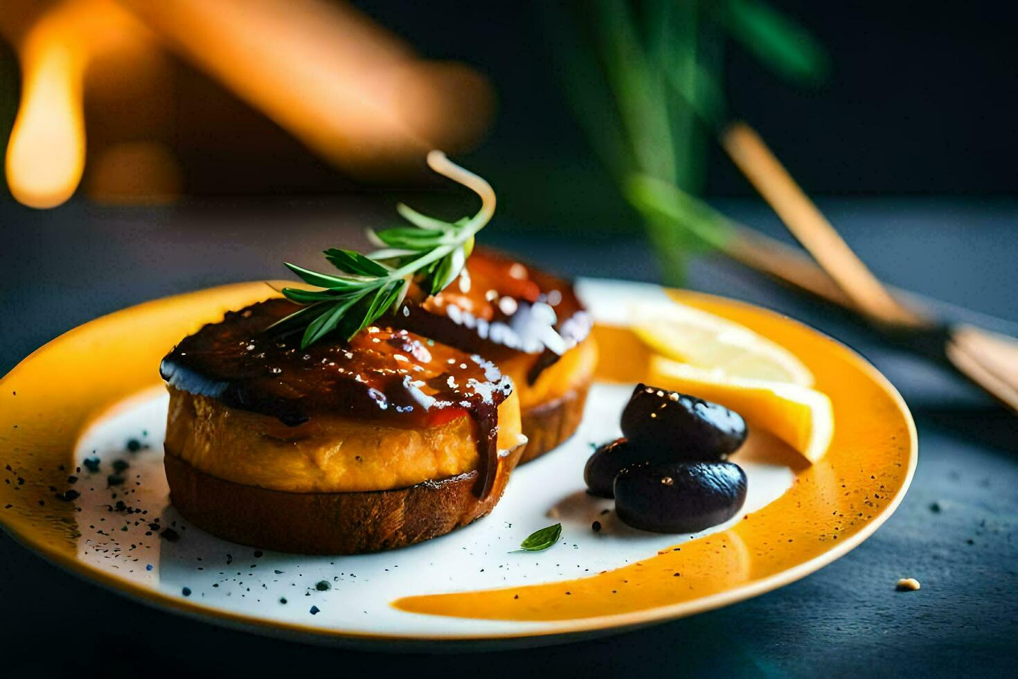 a plate with a grilled cheese sandwich and olives. AI-Generated photo
