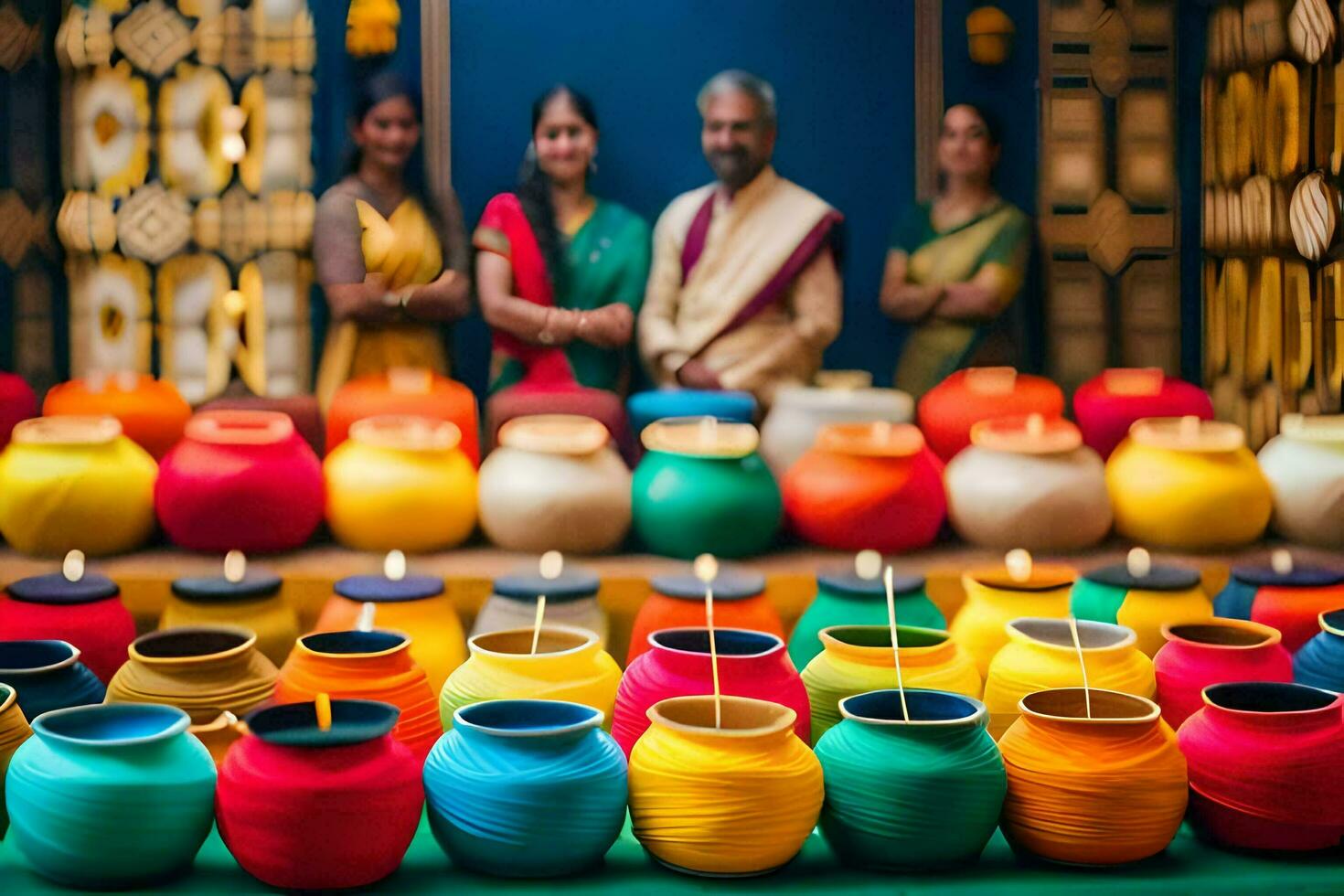 a group of people standing in front of colorful pots. AI-Generated photo