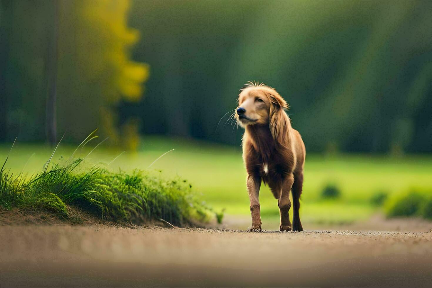 un perro caminando en un suciedad la carretera en el medio de un campo. generado por ai foto