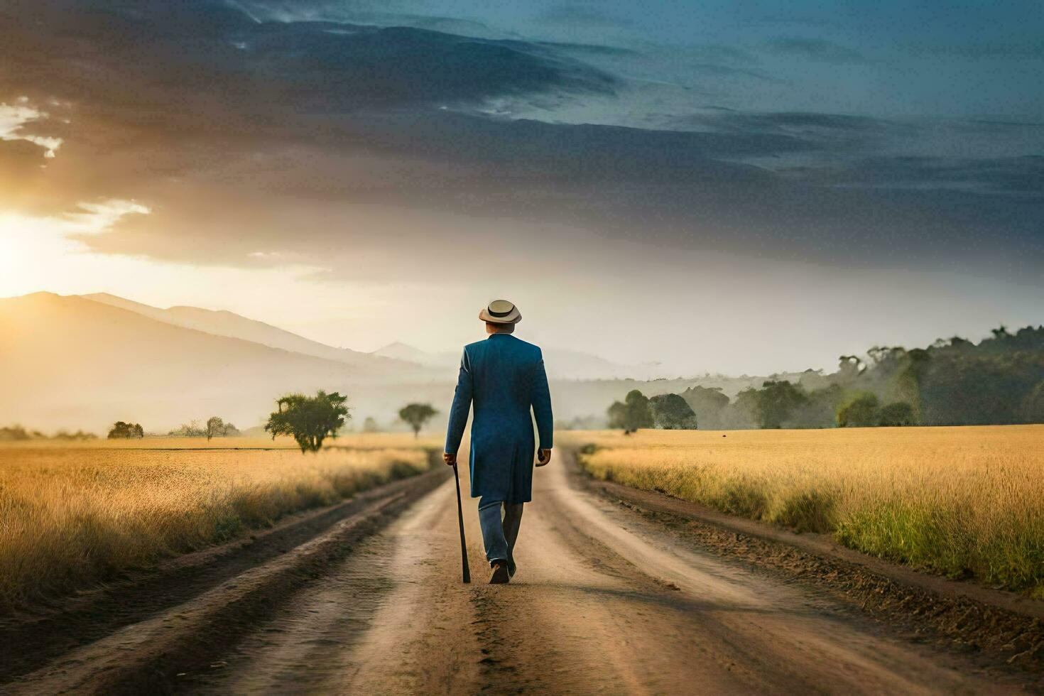 a man in a blue suit walks down a dirt road. AI-Generated photo