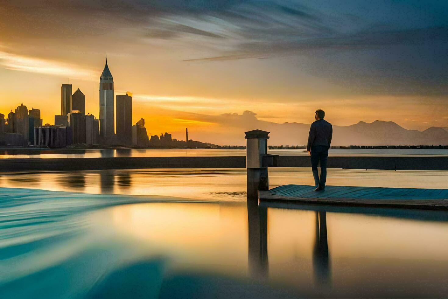 a man stands on a dock looking at the city skyline. AI-Generated photo