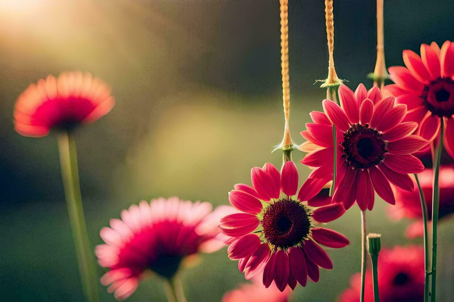 red flowers hanging from a string in the sun. AI-Generated photo