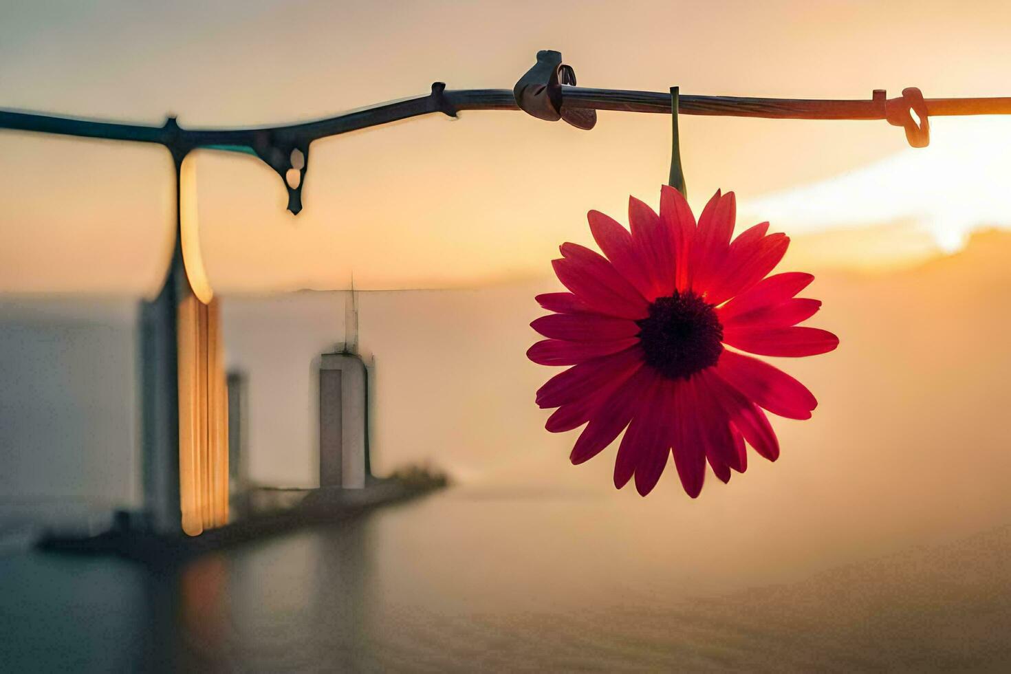 a red flower hanging from a wire with a city in the background. AI-Generated photo