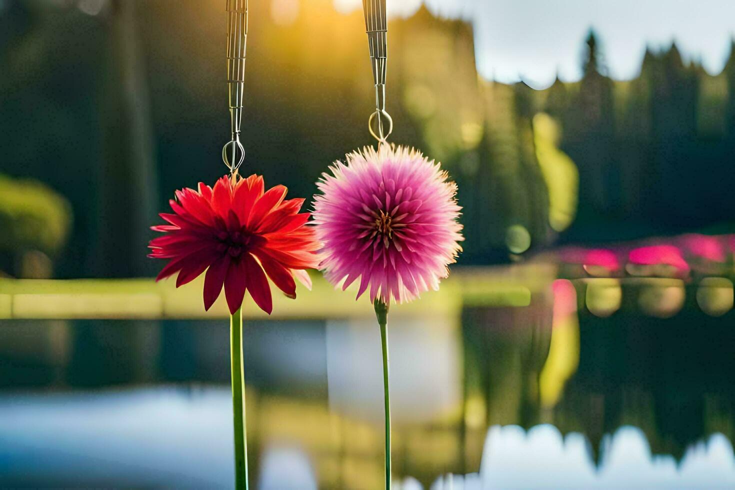 two flowers hanging from a hook in front of a lake. AI-Generated photo