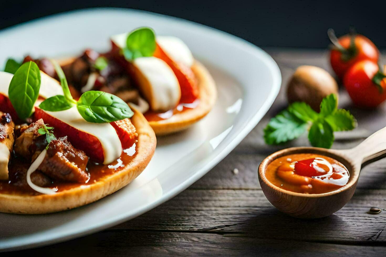 un plato con un pizza, tomate y queso. generado por ai foto