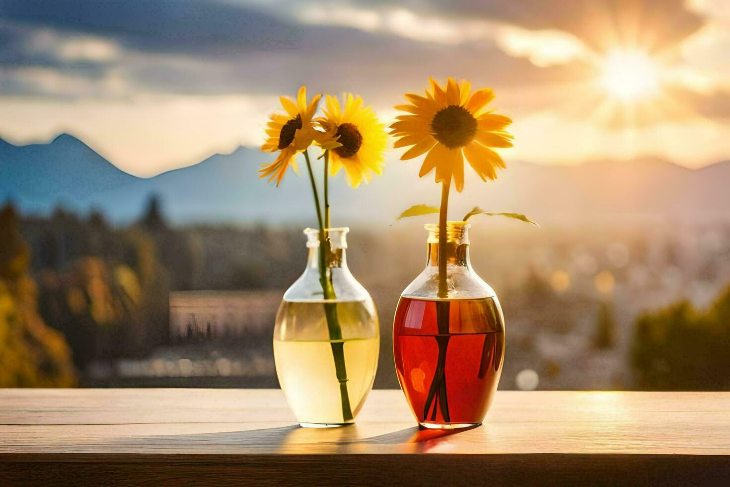 sunflowers in a vase with a sunset. AI-Generated photo