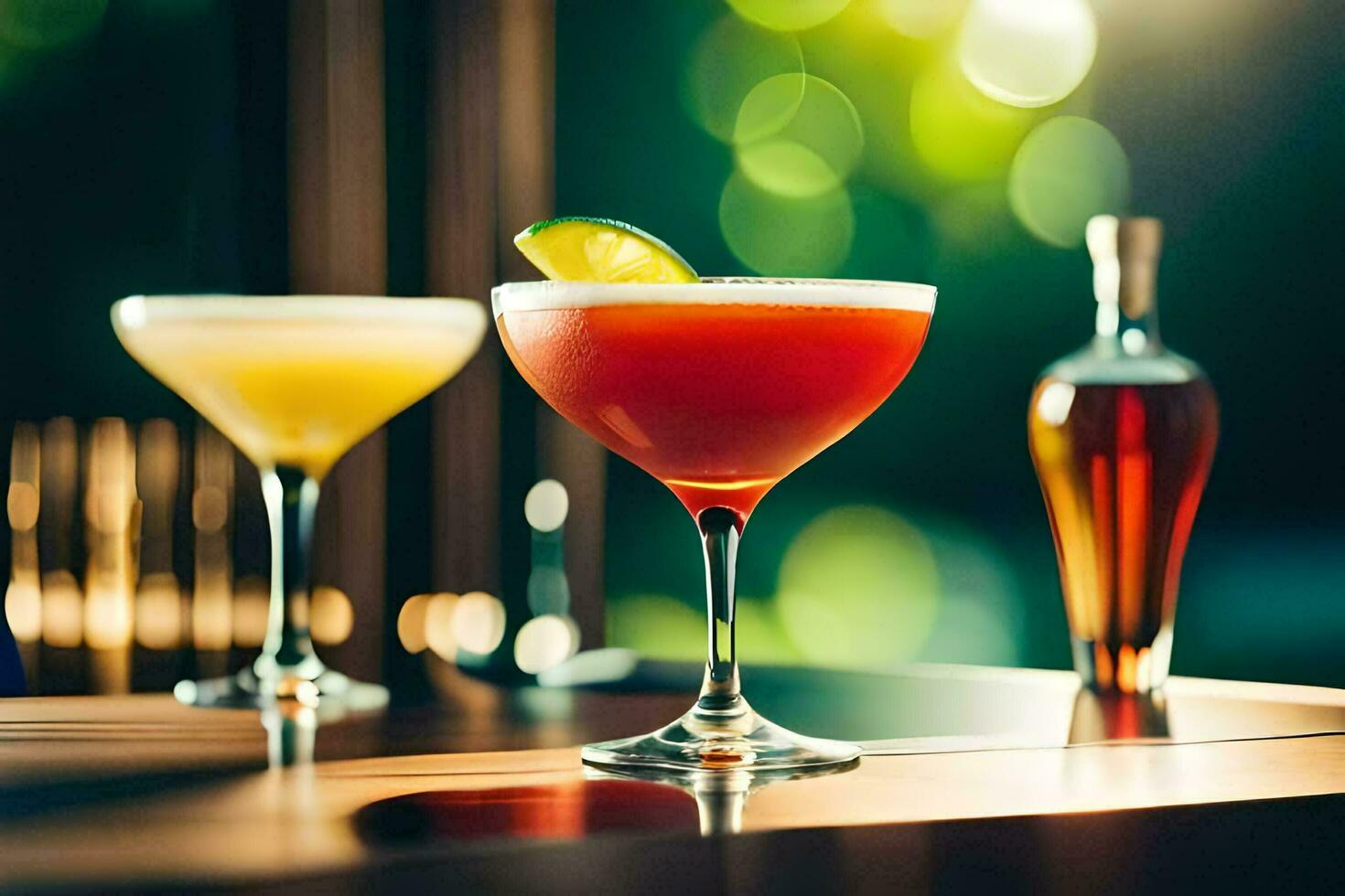 two cocktails sit on a table with a bottle of liquor. AI-Generated photo