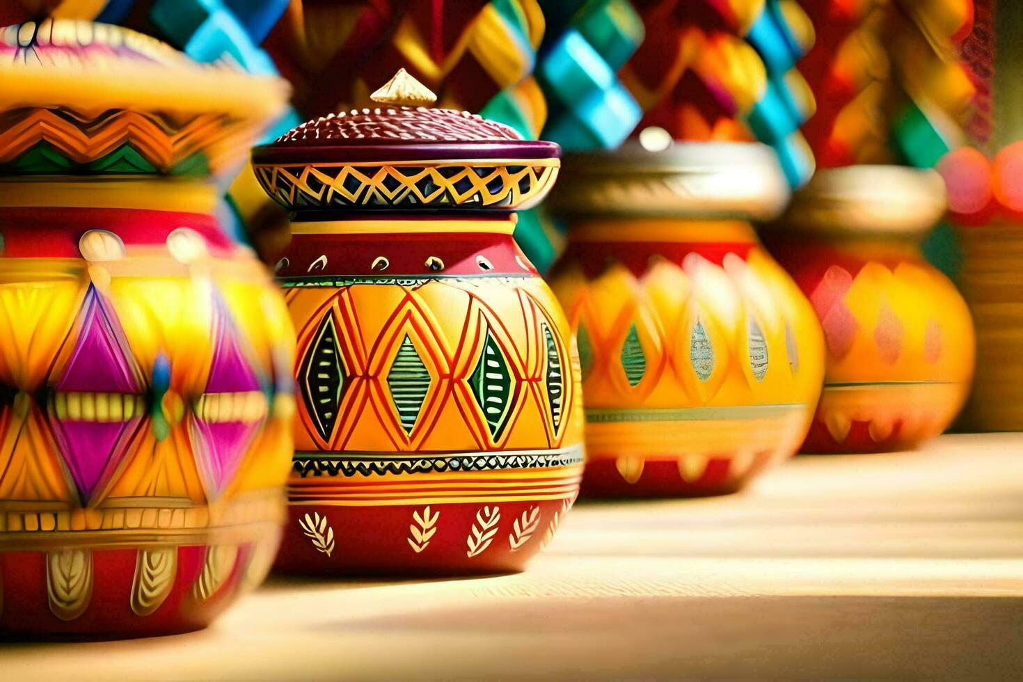 colorful vases lined up on a table. AI-Generated photo