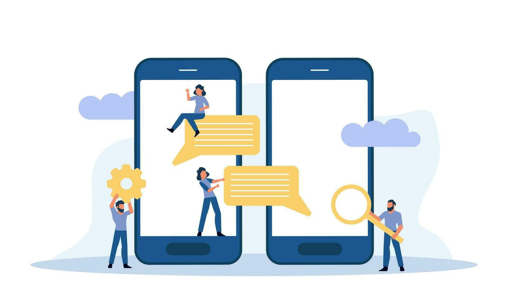 Creative vector illustration with person using a smartphone to chat with their friends and colleagues online, symbolizing power of mobile technology in connecting people and enabling communication