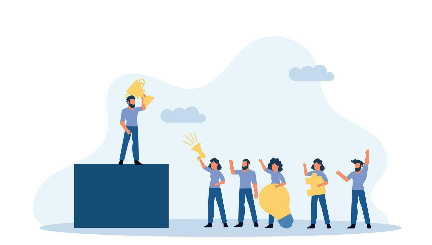 Diverse group of people standing on a podium, holding trophies and puzzles. They are all smiling and excited, celebrating their success as a team. Vector illustration