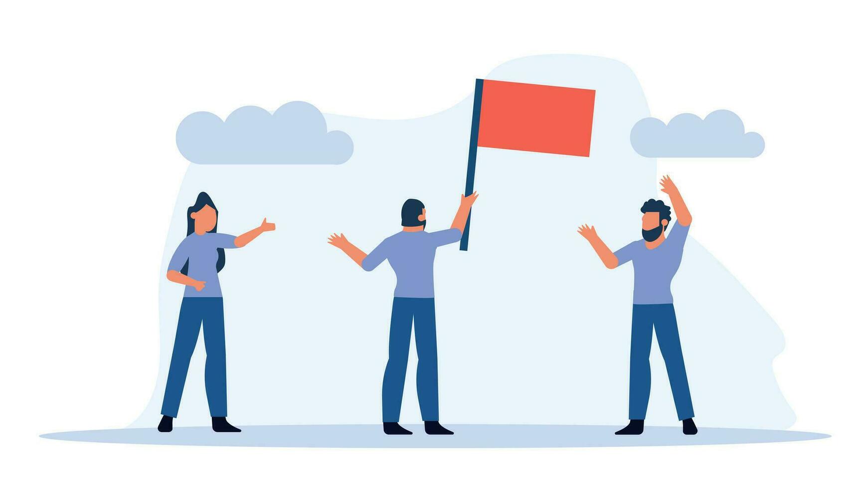 Group people standing together, waving red flag and giving thumbs up. Red flag is symbol of unity and solidarity,  convey a sense of optimism and determination. Vector illustration