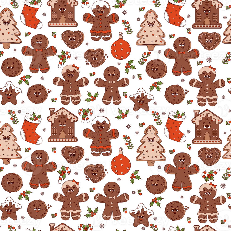 seamless pattern Christmas groovy retro cartoon characters gingerbread png