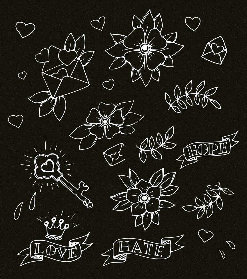 a set of doodles with flowers and hearts vector