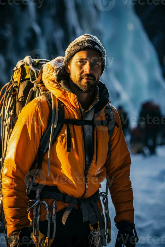 Ice axes in hand climber strategizes route up glacial waterfall photo