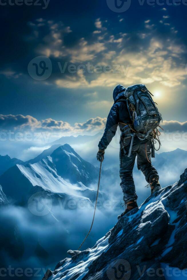 Determined climber reaching icy peak background with empty space for text photo