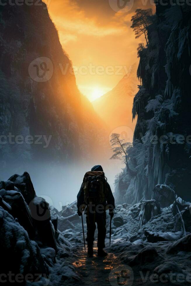 Persevering climber reflects emotion amidst strenuous journey on freezing waterfall photo