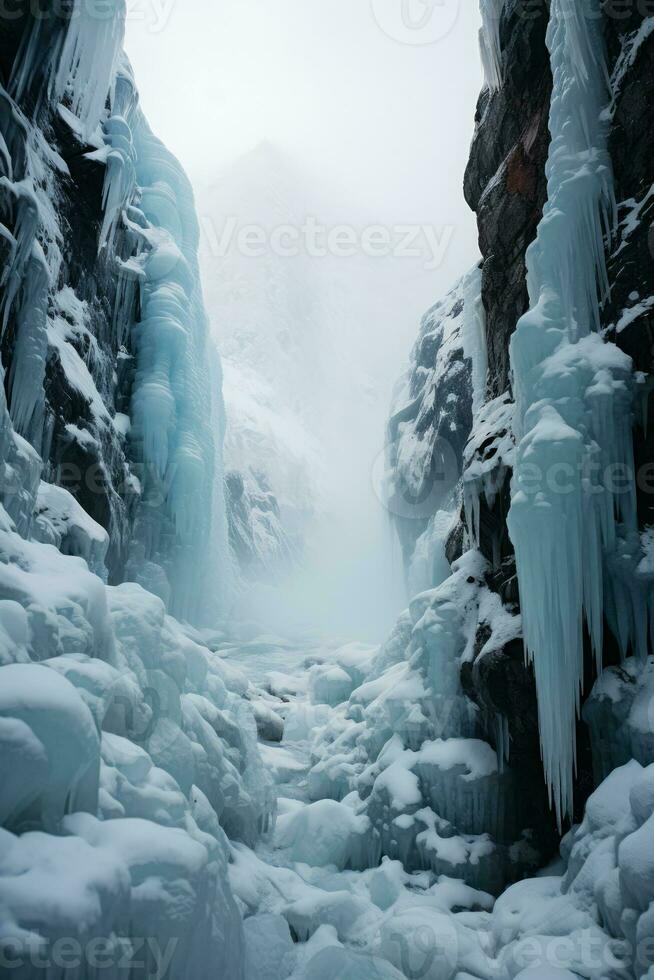 Detailing intricate ice patterns unique to waterfall climbing adventures photo