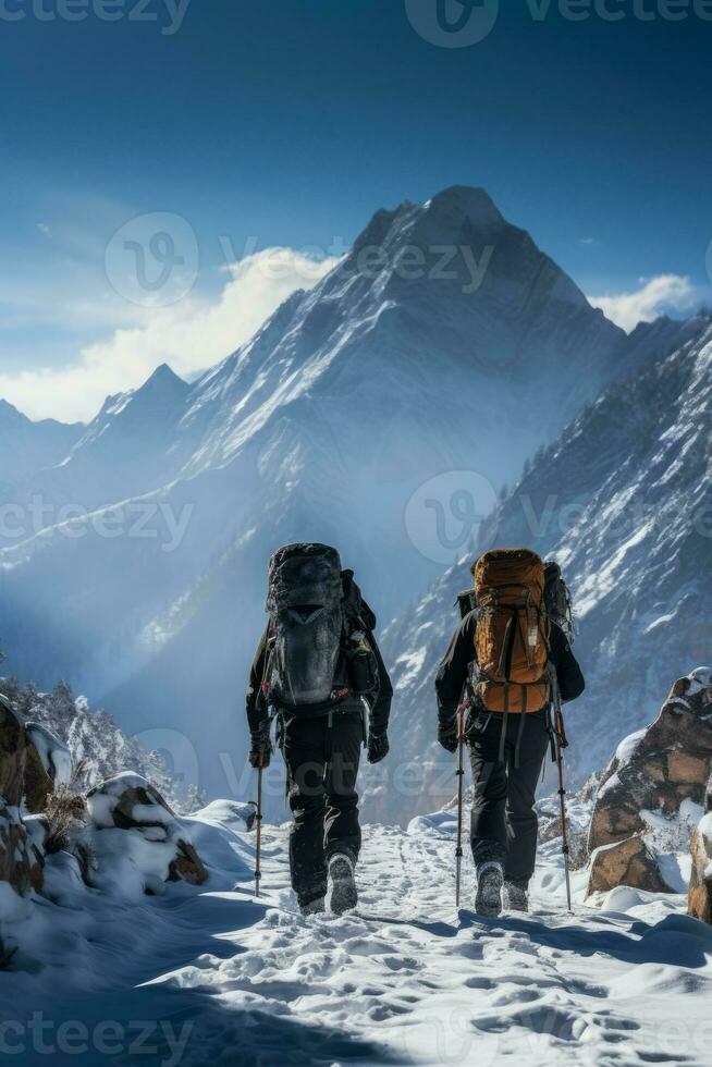 Two climbers supporting each other on icy ascent background with empty space for text photo