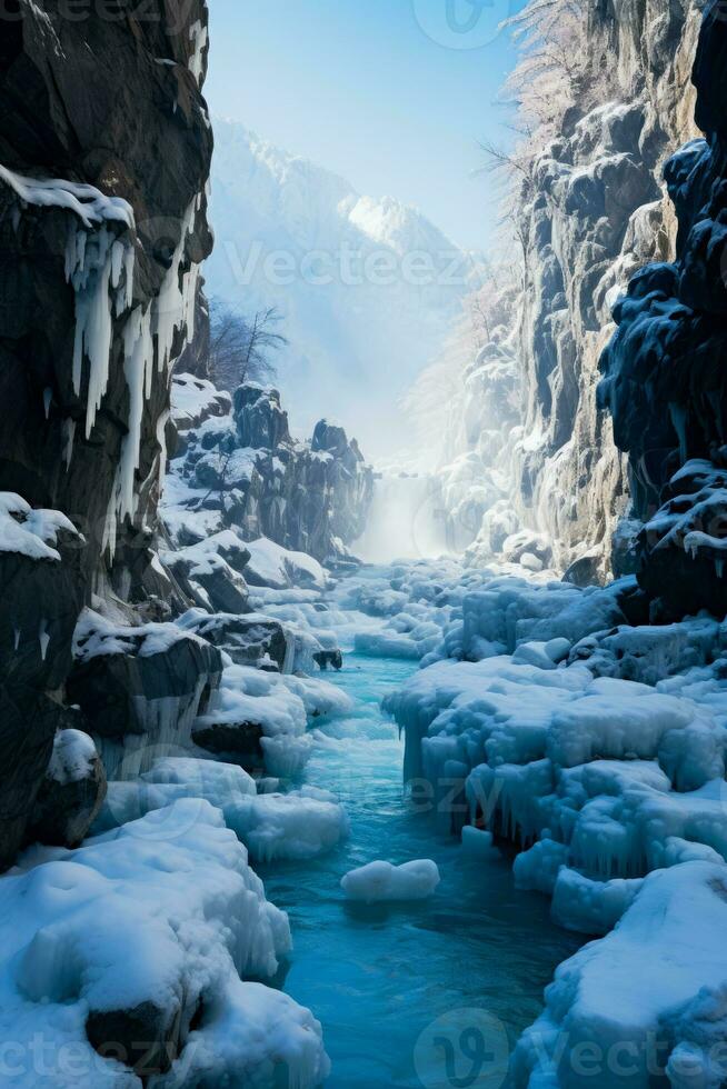 Various icy path challenges of waterfall climbing background with empty space for text photo