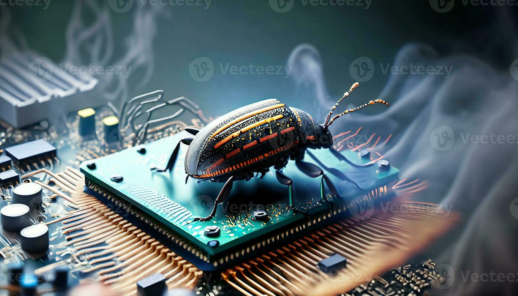 Beetle attacks and destroys electronics. Concept of computer virus and malicious software code. AI generative. photo