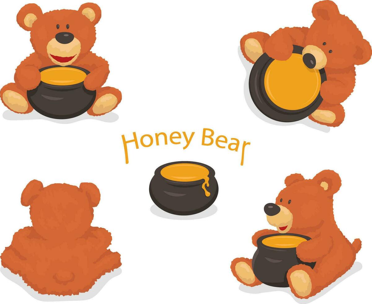 Bears toys set. Brown bear cartoon. Honey pot. Vector illustration isolated on background.