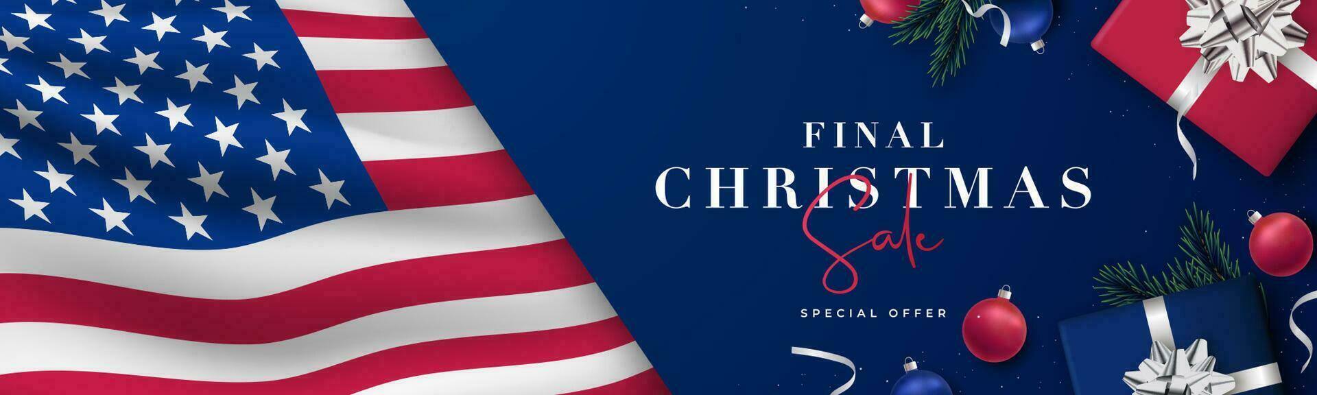 Christmas patriotic banner with USA flag. vector