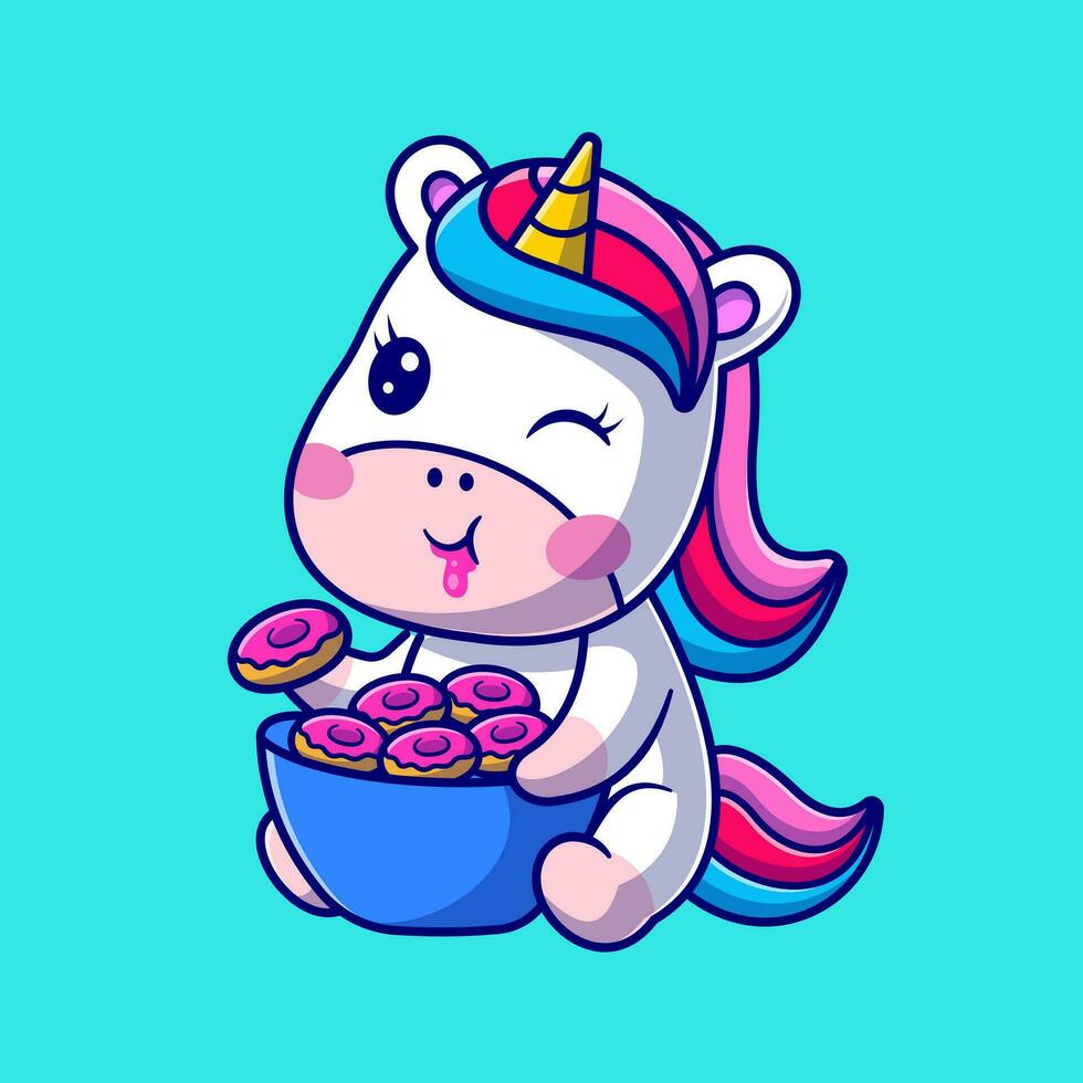 Cute Baby Unicorn Eating Donut Cartoon Vector Icon Illustration. Animal Food Icon Concept Isolated Premium Vector. Flat Cartoon Style