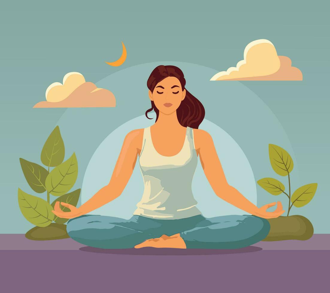 meditando mujer. vector ilustración de dibujos animados joven morena mujer sentado en yoga loto posición rodeado por planta hojas. vector ilustración