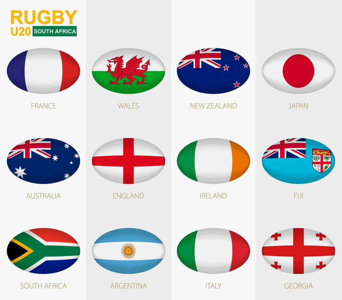 Rugby ball icon with flag of Rugby U20 participants. vector