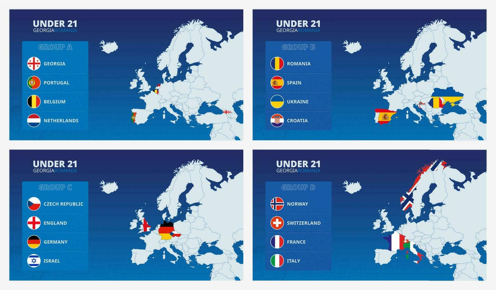 Map of Europe with marked maps of countries participating in the Under21 European football tournament 2023 sorted by groups. vector