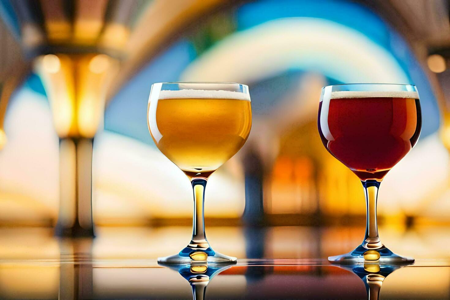 two glasses of beer are shown on a table. AI-Generated photo