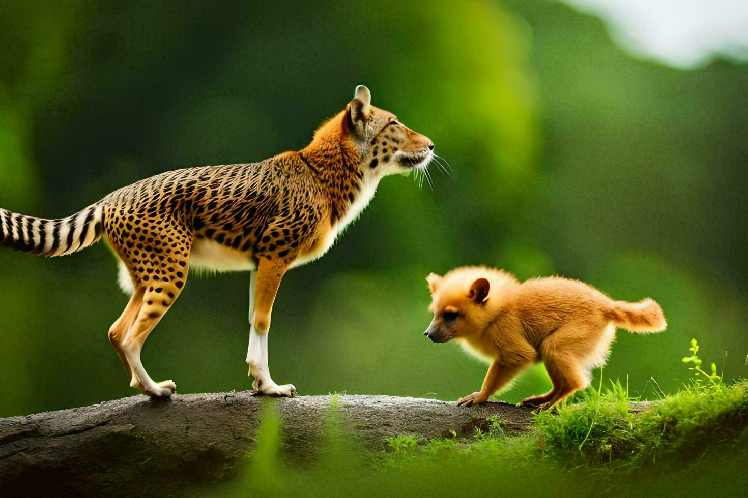 un pequeño zorro y un pequeño perro en pie en un registro. generado por ai foto