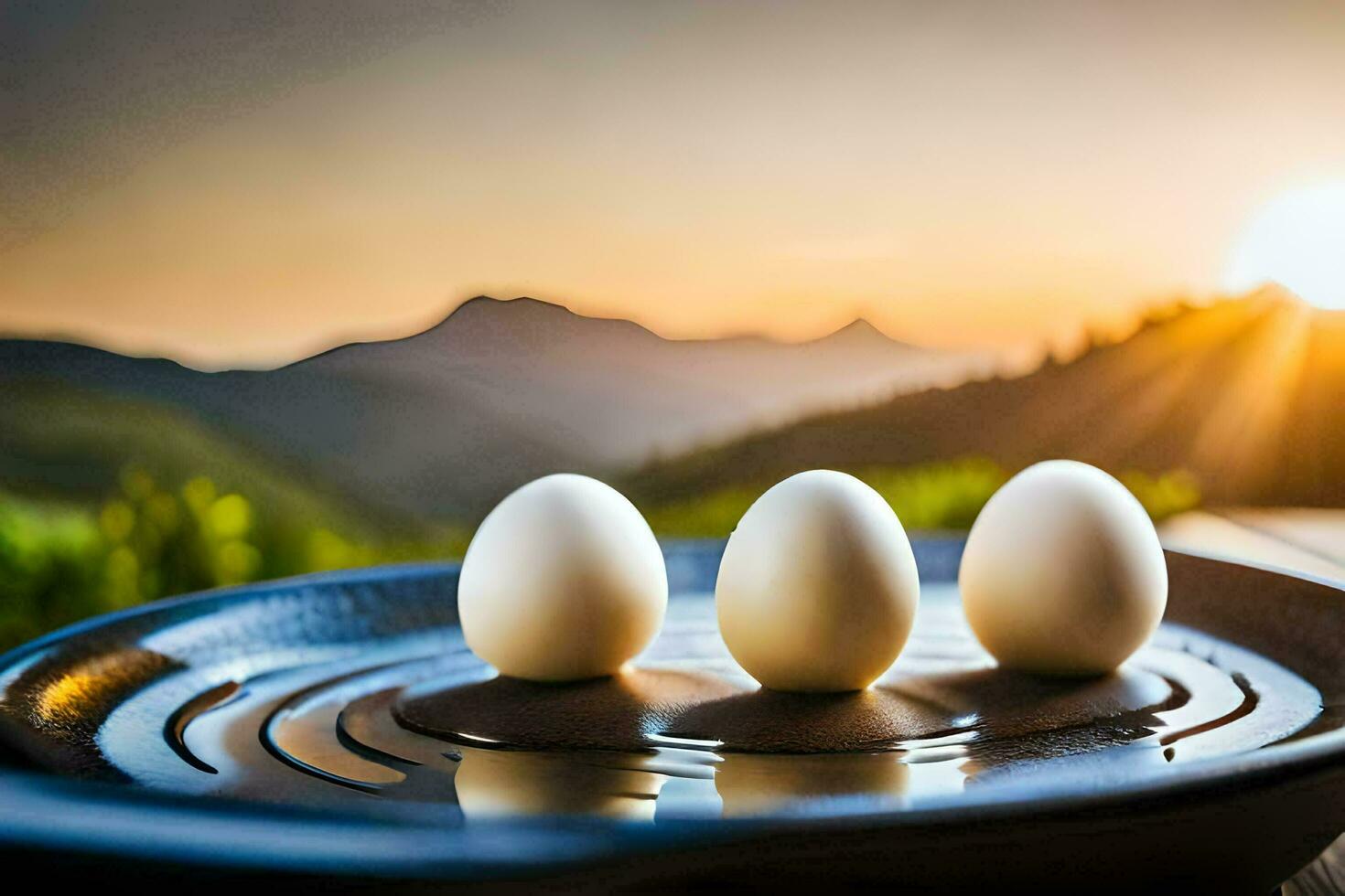 three eggs in a pan on a table with mountains in the background. AI-Generated photo