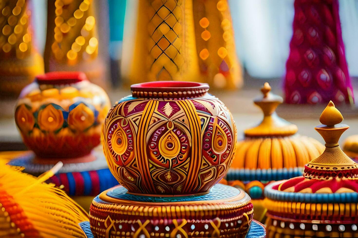colorful vases are displayed on a table. AI-Generated photo