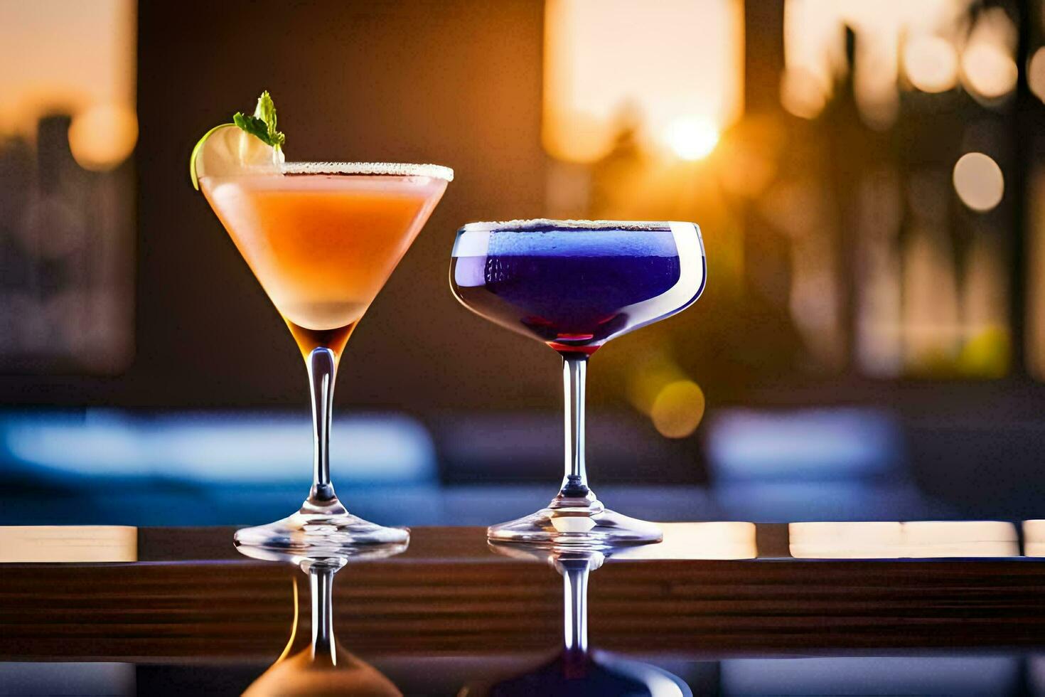 two cocktails sit on a bar with the sun setting behind them. AI-Generated photo