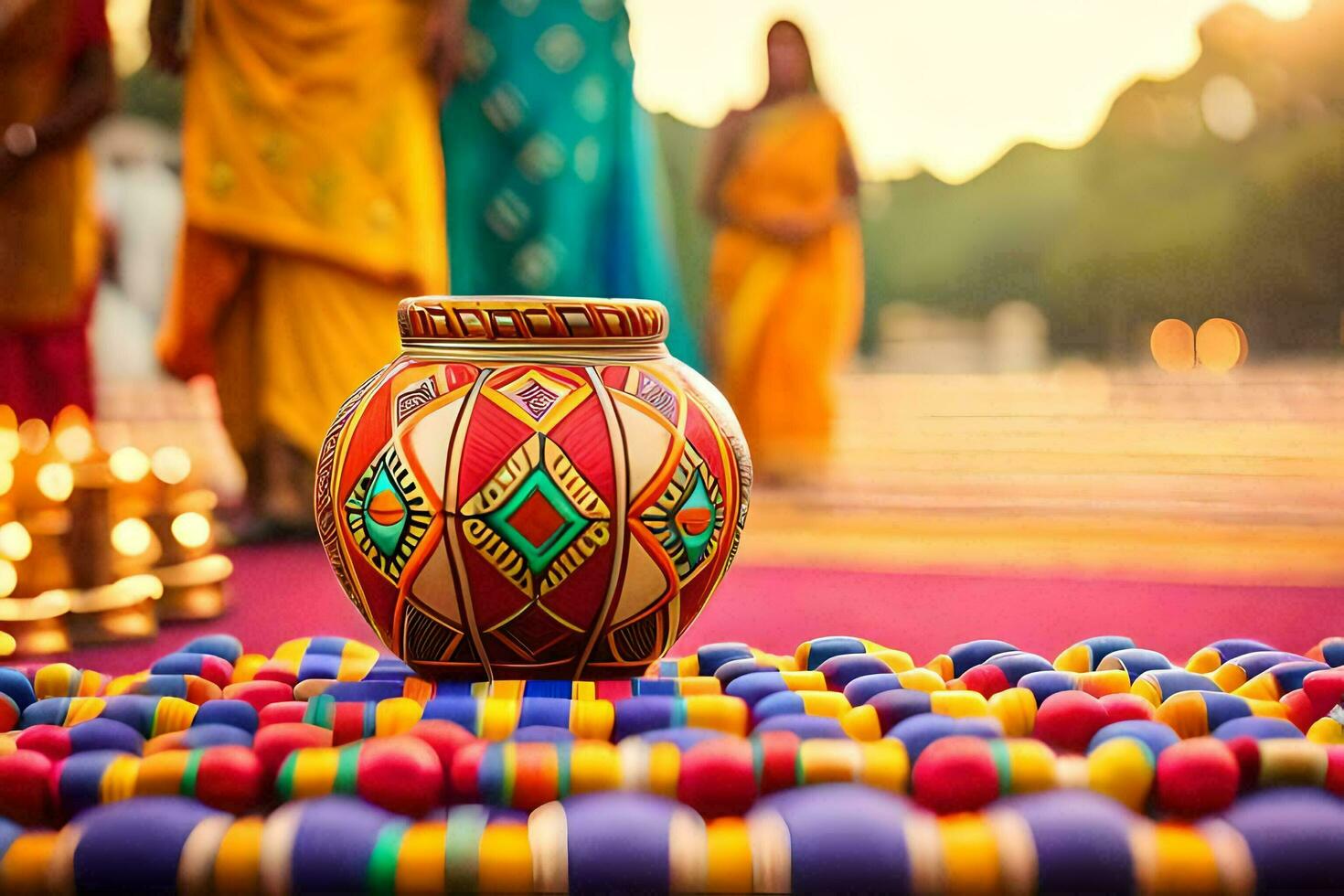 a colorful pot sitting on a table with people in the background. AI-Generated photo