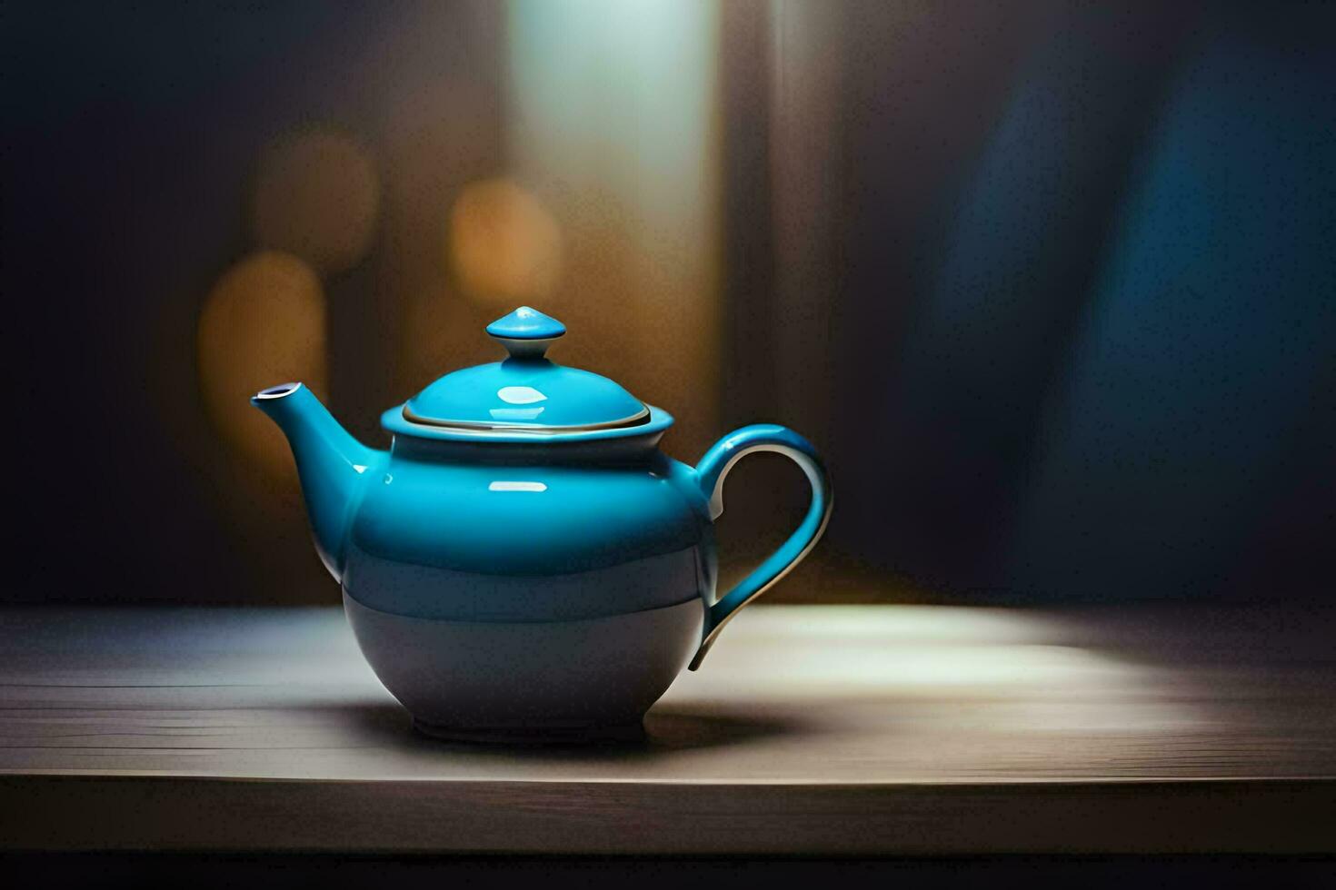 a blue teapot on a wooden table. AI-Generated photo